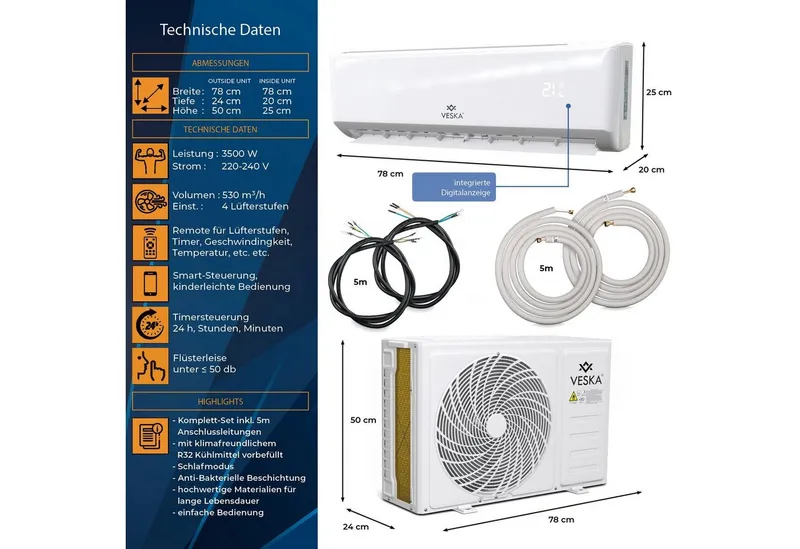 VESKA VESKA Split-Klimagerät Inverter Klimaanlage 12000 BTU - 3,5 KW - 2in1 Kühlen und Heizen, mit WiFi/App Funktion, Fernbedienung, Timer, inkl. Montagematerial – Produktbild 2 von 5
