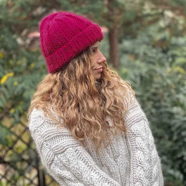 PANAPUFA PANAPUFA Handgestrickte Chunky Beanie – 100 % Merinowolle, Rot braun, – Produktbild 4 von 6