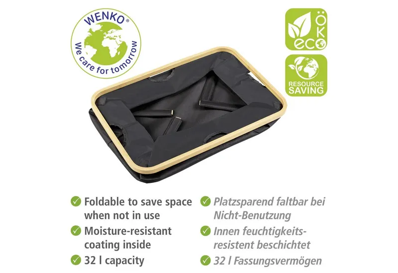 Wenko Wenko Wäschekorb Modell Ecori, faltbarer Wäschesammler, recyceltes Polyester mit Bambusrahmen, Schwarz, – Produktbild 5 von 5