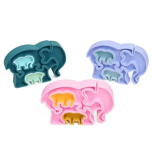 PETIKIDS PETIKIDS Montessori-Lernspielzeug aus Silikon – 3D-Puzzle: Elefantenmutter und ihre Jungen, Blau, – Produktbild 3 von 3
