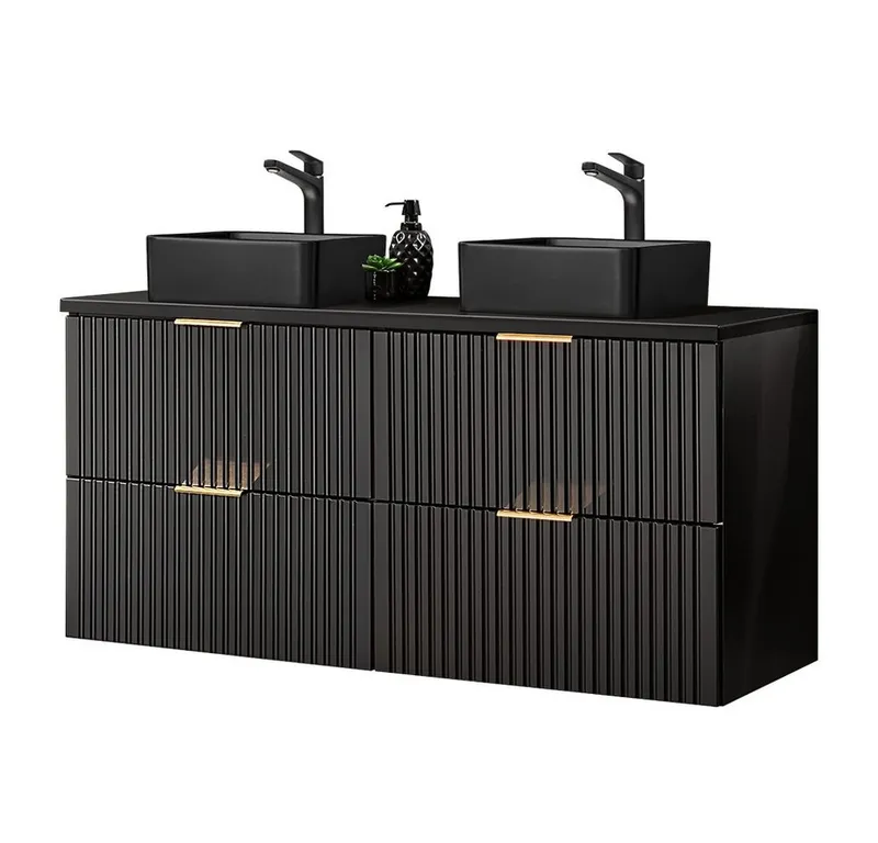Lomadox Waschtisch ADELAIDE-56-BLACK, mit 2 schwarzen Aufsatzbecken matt schwarz gerillt 120,6/72,2/46,5 cm, Schwarz, – Produktbild 1 von 5
