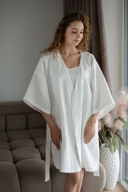 Amber Linen Amber Linen Damen vegan Set Kimono Robe & Nachthemd Weiß – Produktbild 1 von 1