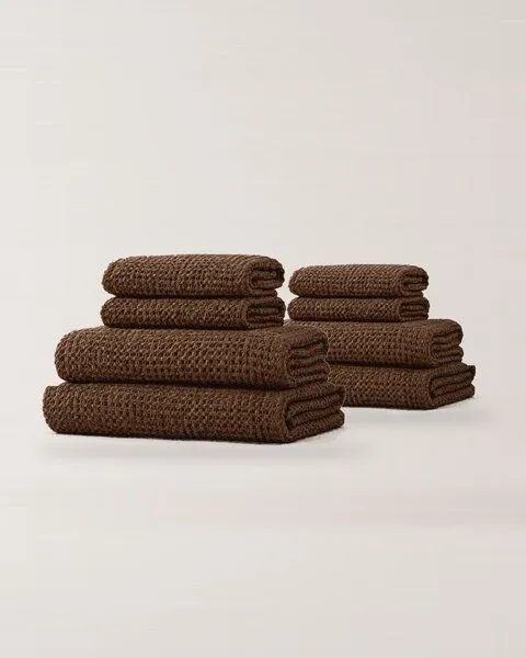AmourLinen AmourLinen Waffel-Handtuch-Set aus Leinen, Family-Pack, 4 Badetücher + 4 Handtücher, Mokka braun, – Produktbild 1 von 3