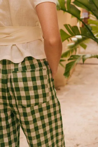 AmourLinen AmourLinen Barbora gerade Leinenhose, Grünes gingham, – Produktbild 2 von 4