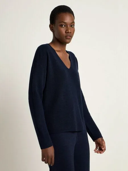 LANIUS LANIUS Pullover mit V-Ausschnitt aus Bio-Merinowolle, Midnight melange, – Produktbild 1 von 4