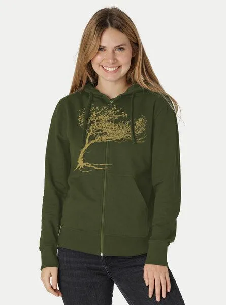 Peaces.bio - handbedruckte Biomode Peaces.bio - handbedruckte Biomode Bio Damen-Zip-Hoodie Windy Tree, Waldgrün, – Produktbild 3 von 3