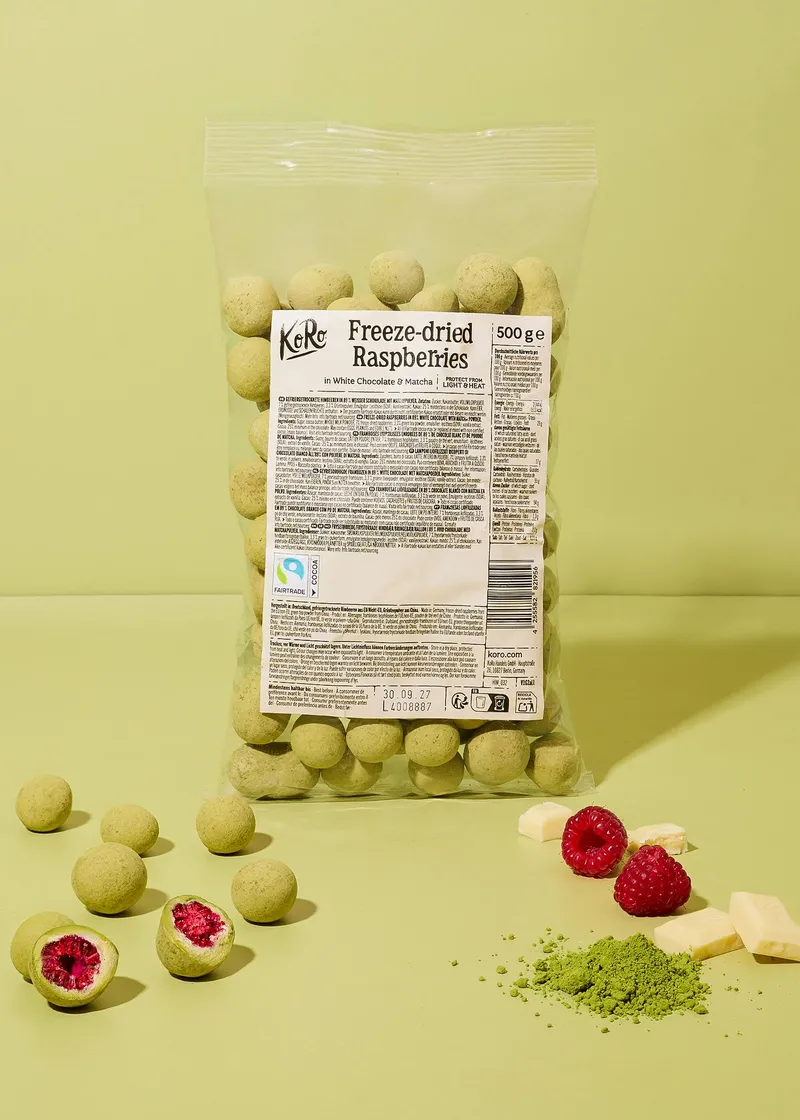 KoRo Gefriergetrocknete Himbeeren in weißer Schokolade mit Matchapulver | 500 g – Produktbild 2 von 5