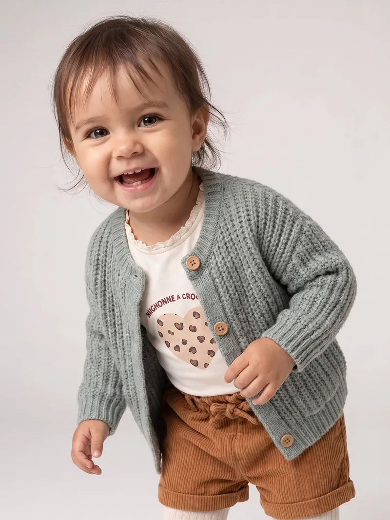 Vertbaudet Baby Strickjacke mit aufgesetzten Taschen, Salbeigrün, – Produktbild 1 von 4