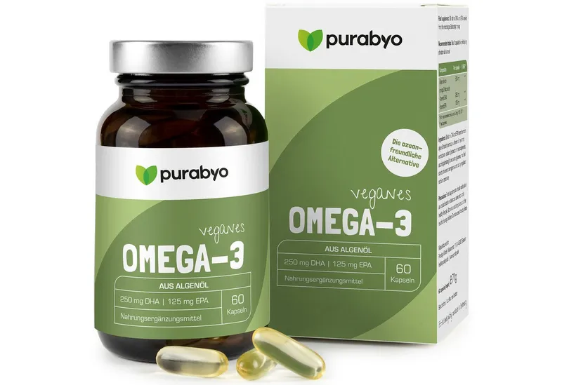 Purabyo Omega-3 Algenöl Kapseln, vegan, 250 mg DHA,+125 mg EPA, im Glas Kapseln, 60 St., 71 g – Produktbild 1 von 5