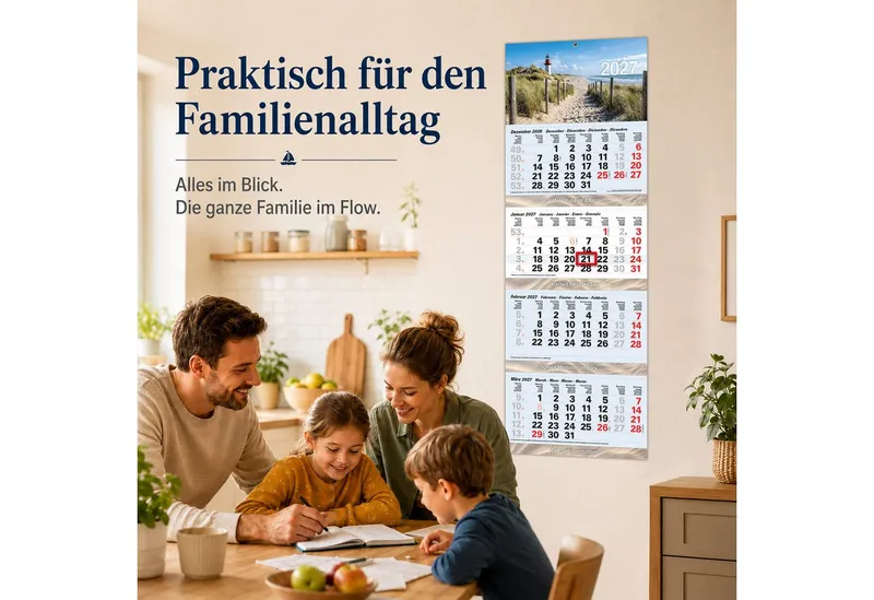 TOBJA Wandkalender 4 Monatskalender 2027 Nordsee Leuchtturm Strand 32x95,5 maritim FSC, Leuchtturm-Motiv, maritim, 32x95,5 cm, Datumsschieber, Metallöse, Grün, – Produktbild 3 von 5