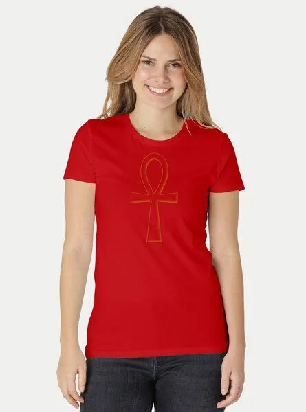 Peaces.bio - handbedruckte Biomode Peaces.bio - handbedruckte Biomode Damen Fit T-Shirt Ankh, Rot, – Produktbild 2 von 2