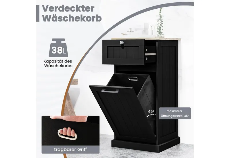COSTWAY COSTWAY Wäscheschrank mit Wäschekorb & Stauraum, Badezimmerschrank, Schwarz, – Produktbild 3 von 5