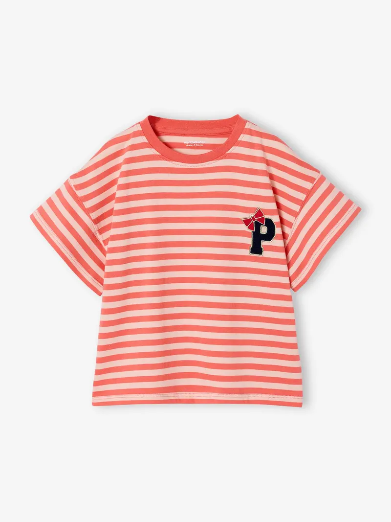 Vertbaudet T-Shirt Mädchen mit gesticktem Buchstaben, Koralle, – Produktbild 1 von 3