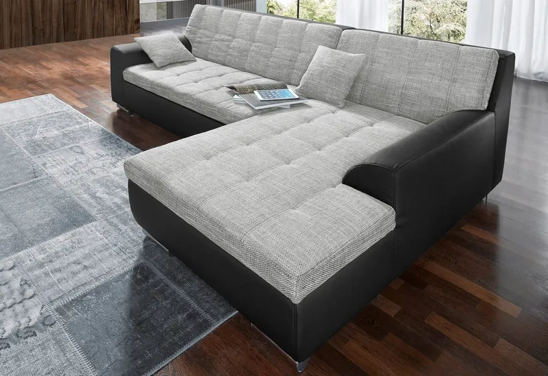 DOMO collection Ecksofa TREVISO viele Bezüge, auch in Cord, L-Form, 267x178 cm, mit Bettfunktion, inkl. Zierkissen, Unser Dauertiefpreis, Schwarz|silberfarben, – Produktbild 2 von 8