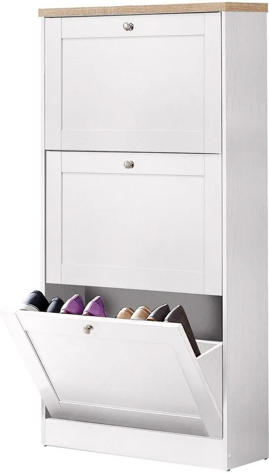 OTTO home Schuhschrank Heide Breite 70 cm, mit 3 Klappen und Facettenfront, Höhe ca. 130 cm, Weiß, – Produktbild 3 von 7