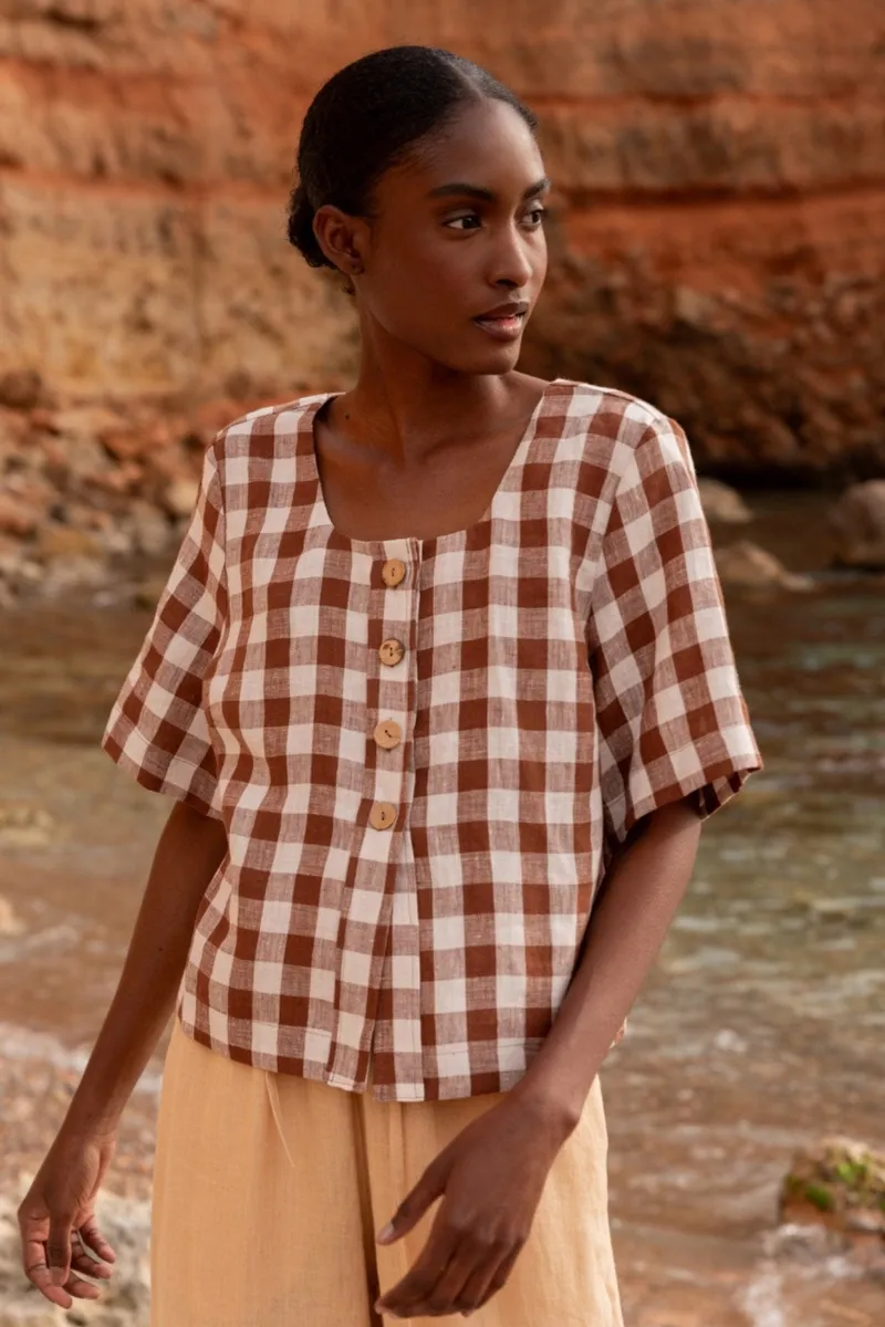 AmourLinen AmourLinen Damen vegan Top Maeve Mocha Gingham, Braun, – Produktbild 2 von 2