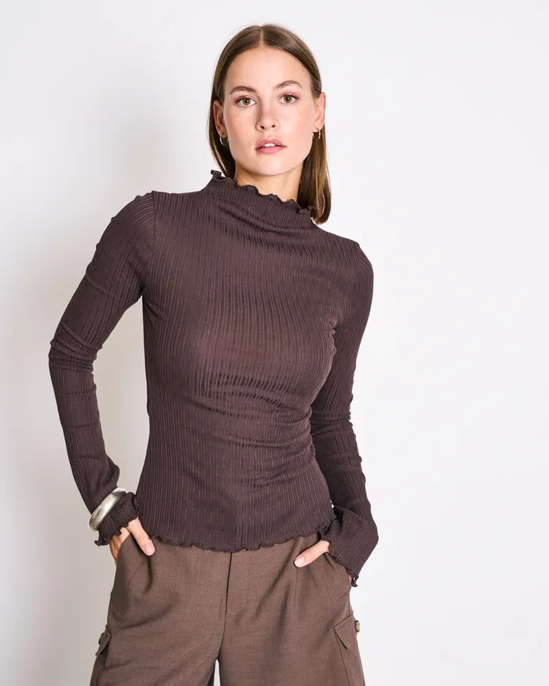 JAN N JUNE JAN 'N JUNE Damen vegan Langarmshirt Mit Erhöhtem Kragen Canna Mud Brown, Braun, – Produktbild 1 von 2
