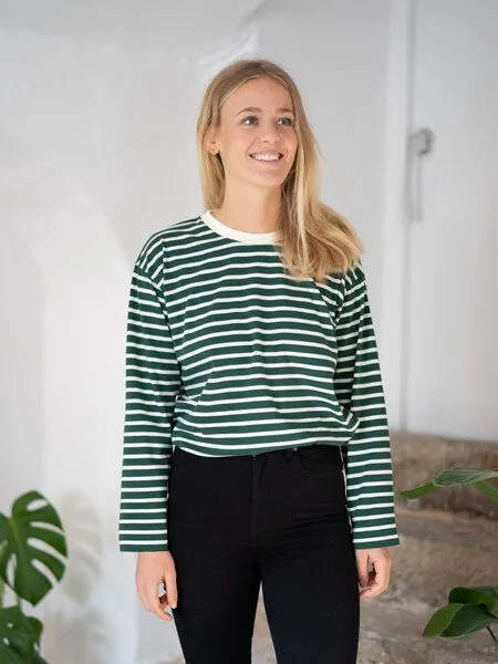 FUXBAU FUXBAU Frauen Streifen Longsleeve - creme grün, bordeaux, blau oder senf, Blue, – Produktbild 8 von 8