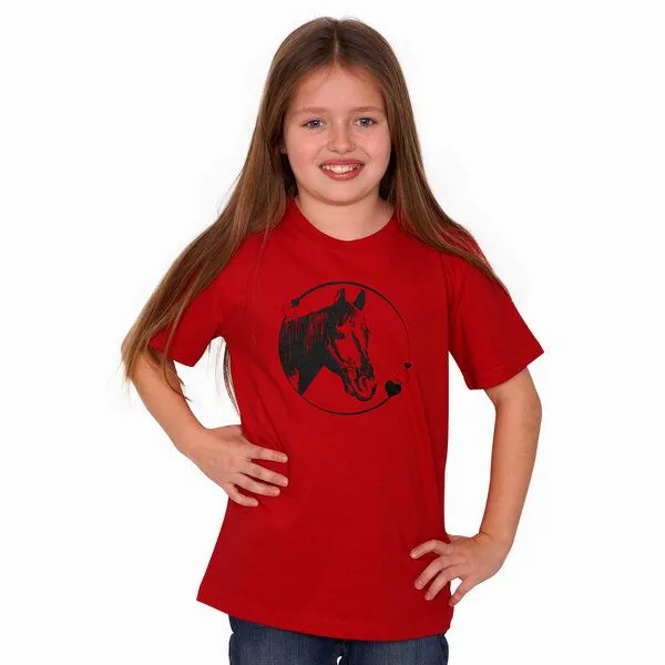 HANDGEDRUCKT HANDGEDRUCKT "Pferdeliebe" Unisex Kinder T-Shirt, Rot, – Produktbild 1 von 3