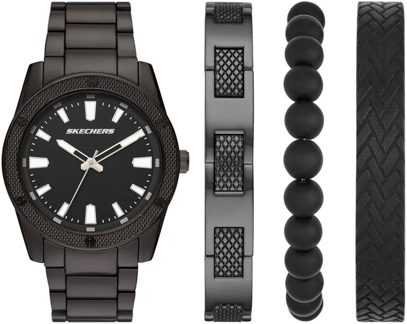 Skechers Skechers Quarzuhr KNURLING BRACELET SET SR9078, (Set, 4-tlg., mit 3 Schmuckarmbändern), Armbanduhr, Herrenuhr, analog, Leuchtindizes, Geschenkidee, Grau, – Produktbild 1 von 4