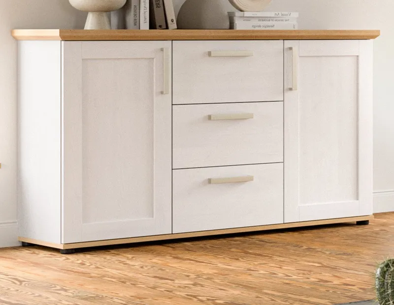 Inn.Furn Sideboard Mirano (Kommode in weiß Lärche Landhaus und Eiche Artisan, 129 x 80 cm), 2-türig mit 3 Schubladen, Weiß, – Produktbild 4 von 5