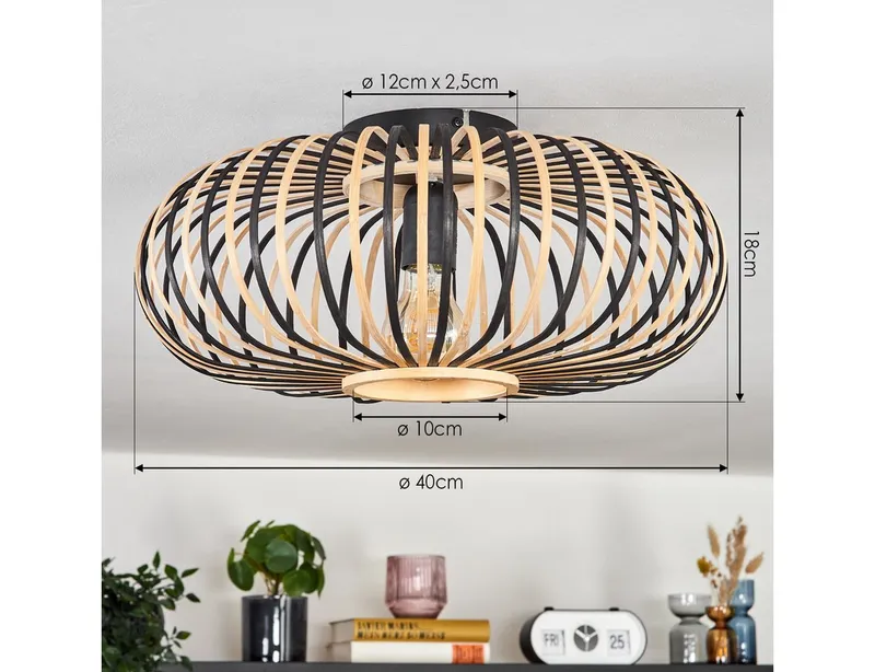 hofstein Deckenleuchte moderne Deckenlampe aus Metall/Bambus in Schwarz/Naturfarben, ohne Leuchtmittel, Boho-Design Deckenleuchte, Lichteffekt an d. Decke, Ø 40 cm, 1 x E27, Beige|schwarz, – Produktbild 4 von 5