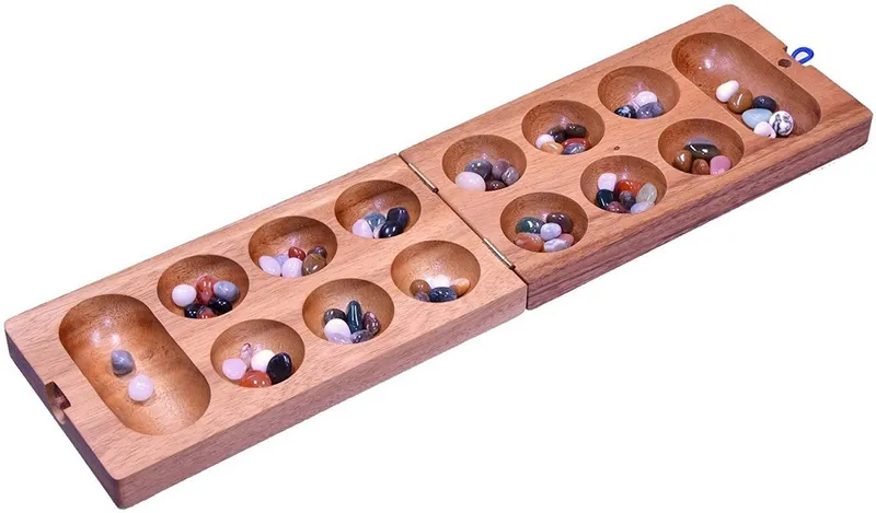 LOGOPLAY Spiel Kalaha, Gesellschaftsspiel, Kalaha Edelsteinspiel für 2 Spieler Spielfeld 14 x 49 cm Hus Bao mit, Beige, – Produktbild 2 von 5