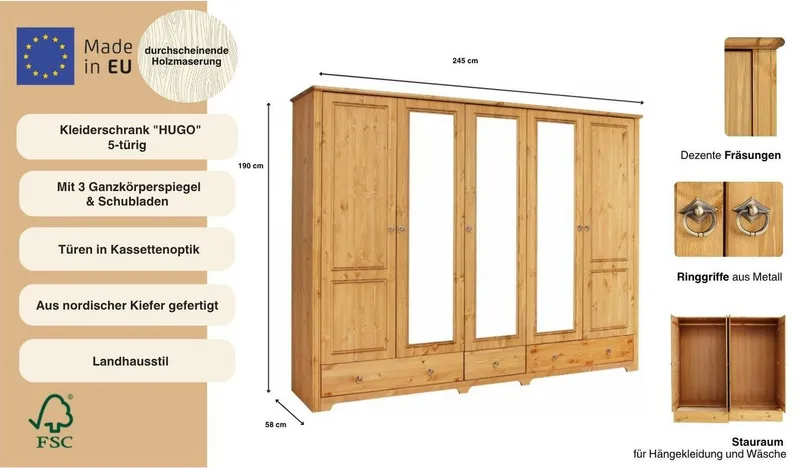 OTTO home Kleiderschrank Hugo (3 Breiten: 106/200/245 cm H/T ca. 190/58 cm) aus massiver Kiefer im Landhausstil, mit Spiegel, Beige, – Produktbild 8 von 8