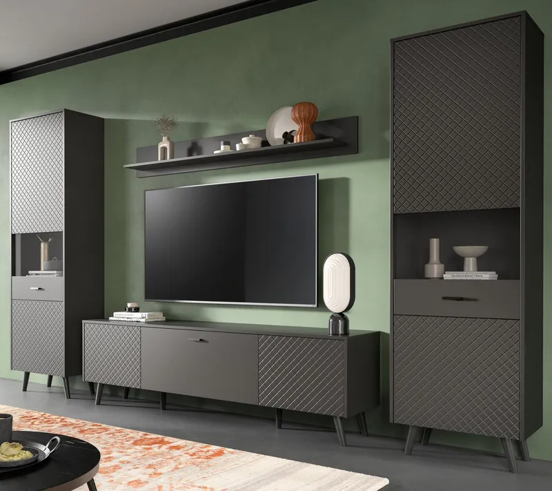 Inn.Furn Wohnwand Madea, (Schrankwand in mattem Grau, 4-teilig, 330 x 195 cm), mit Rautenfräsung, Push-To-Open, Grau, – Produktbild 1 von 5