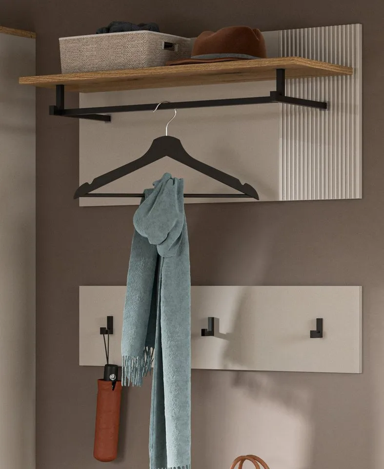 Inn.Furn Garderobenpaneel Skid (Wandgarderobe in Kaschmir Sand mit Eiche, Set 2-teilig, 80 x60 cm), mit Kleiderstange und Fräsungen, Beige, – Produktbild 2 von 5