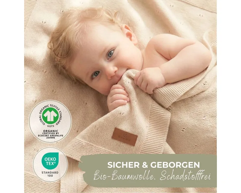 Babydecke DIKOS® aus *100%* Bio Baumwolle, Strickdecke, Geschenk zur Geburt, DIKOS, PREMIUM Qualität, Sommerdecke Ajour, 75x100, atmungsaktiv, weich, Beige, – Produktbild 5 von 5