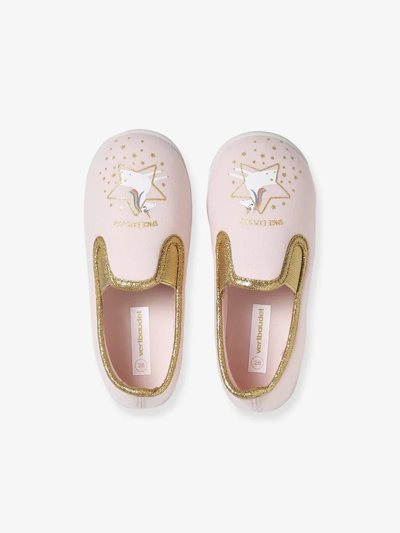 Vertbaudet Stoff-Hausschuhe mit Stern- und Einhorn-Print, Rosa bedruckt, – Produktbild 2 von 4