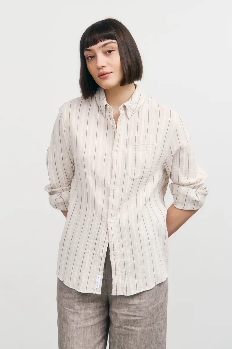 Rotholz Rotholz Damen vegan Hemd Musselin Beige Gestreift, Beige, – Produktbild 2 von 2