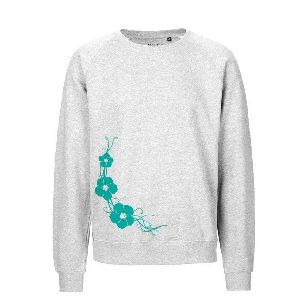 HANDGEDRUCKT HANDGEDRUCKT "Hibisken" Unisex Sweatshirt aus reiner Biobaumwolle (kbA), Ashgrey, – Produktbild 1 von 2
