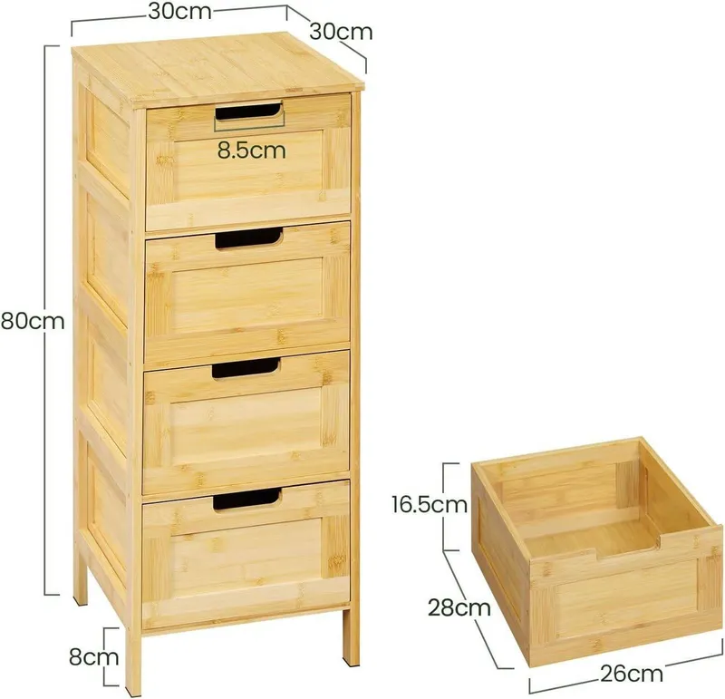 EUGAD Badkommode (1 St), Badschrank Bambus, mit 4 Schubladen, 30x80x30 cm, Beige, – Produktbild 4 von 5