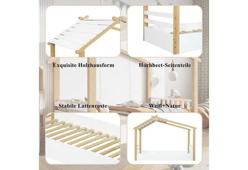 Merax Kinderbett 90x200cm im Holzhausdesign (1-tlg), Kieferholz Hausbett mit stabilem Lattenrost & schlichtem Design, Weiß, – Produktbild 5 von 5