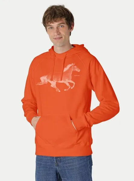 Peaces.bio - handbedruckte Biomode Peaces.bio - handbedruckte Biomode Bio-Herren-Kapuzensweater Horsepower, Orange, – Produktbild 1 von 2