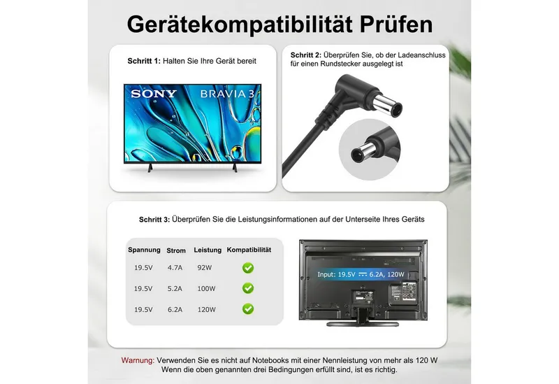 HKY 120W 100W 97W TV Netzteil Ladegerät für Sony Bravia KDL-50W685A Netzteil (Kompatibel mit ACDP-060E02/060S03/120N02/085N02, 19.5V 6.2A), Schwarz, – Produktbild 2 von 5