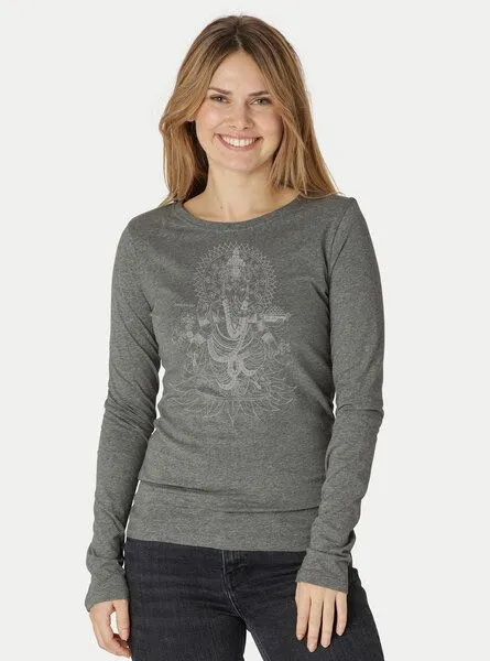 Peaces.bio - handbedruckte Biomode Peaces.bio - handbedruckte Biomode Bio-Damen-Langarmshirt Ganesha, Dunkelgrau, – Produktbild 1 von 2