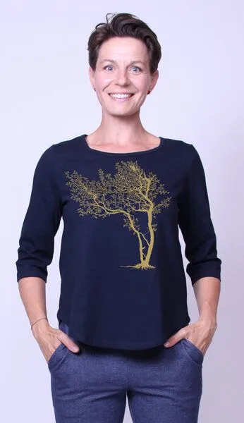 Peaces.bio - handbedruckte Biomode Peaces.bio - handbedruckte Biomode Bio-Damen-3/4 Arm Shirt- Fancy Tree, Navy, – Produktbild 2 von 2