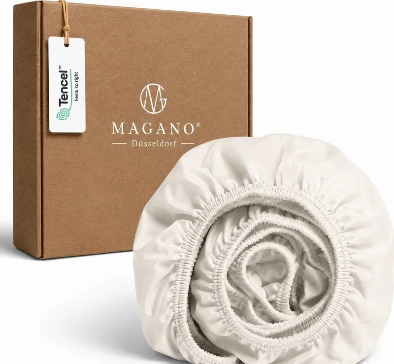 MAGANO Spannbettlaken, Luxus 100% TENCEL ™ Lyocell, Bettlaken, Gummizug: rundum, 400 TC Fadendichte, Hypoallergen, Thermoregulierend, Beige|weiß, – Produktbild 1 von 5