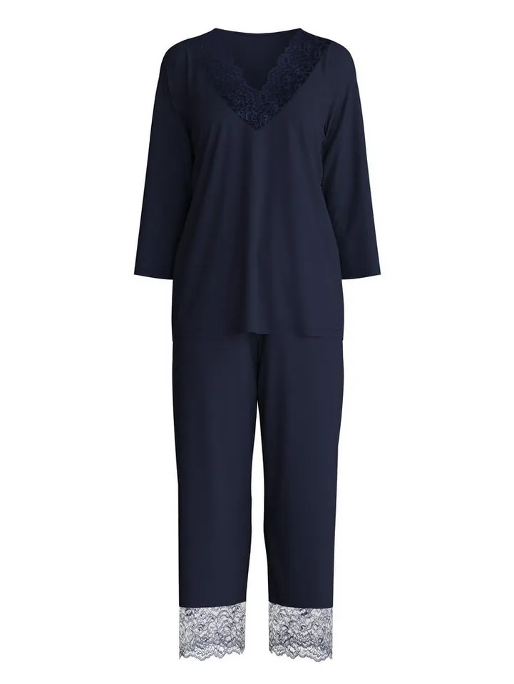 CALIDA CALIDA Capri-Pyjama Elegant Dreams Damen (2 tlg) seidig weich, anschmiegsam mit Spitze, Blau, – Produktbild 1 von 5