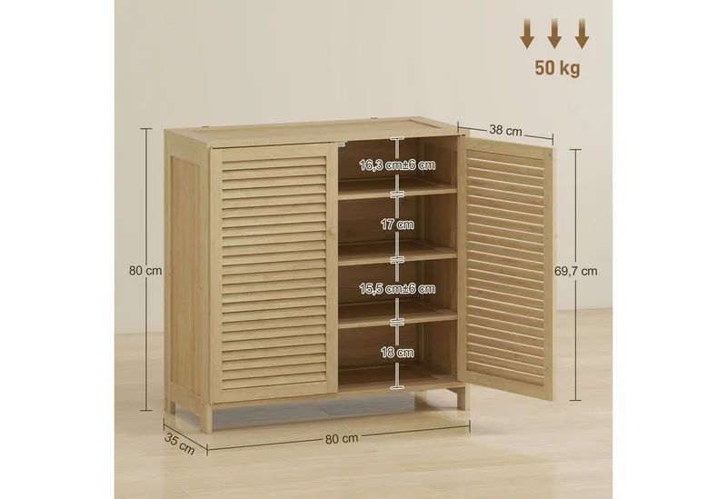 HOMCOM HOMCOM Schuhschrank aus Bambus mit verstellbaren Einlegeböden (Set, 1-St., 1er Set) für ca. 14 Paar Schuhe, Lamellentüren, Beige, – Produktbild 3 von 5
