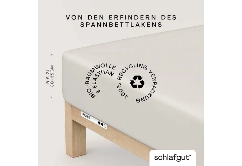 Schlafgut Schlafgut Spannbettlaken PURE Bio-Baumwolle mit Elasthan, 170 g/m², Bettlaken, Spannbetttuch, Jersey, Gummizug: rundum, (1 Stück), PREMIUM Laken für Matratzen bis 30cm Höhe, dehnbar blickdicht, straff, Beige, – Produktbild 2 von 5