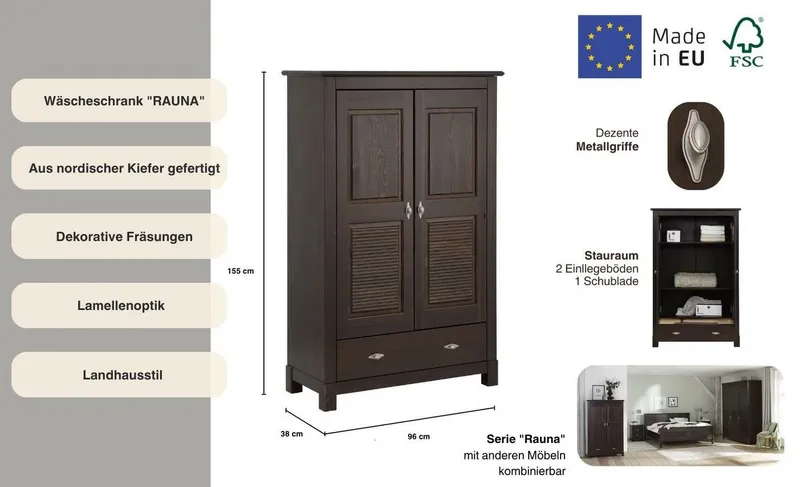 OTTO home Wäscheschrank Rauna (B/H/T ca. 96/155/38 cm) aus massiver Kiefer, FSC®, 2-türig, 96cm breit, Braun, – Produktbild 1 von 5