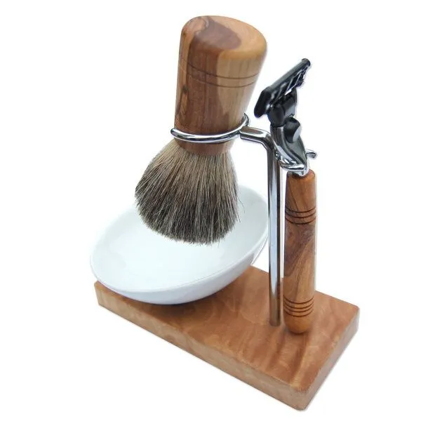 Olivenholz erleben Olivenholz erleben Rasierständer/-halter KLASSIK PLUS aus Olivenholz für Rasierpinsel & Nassrasierer – Produktbild 4 von 8