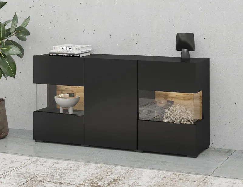 Home affaire Sideboard Ava, Breite 120 cm, hängend und stehend montierbar, moderne grifflose Kommode, Anrichte, 3Türen, Eckverglasung, Schwarz, – Produktbild 5 von 5