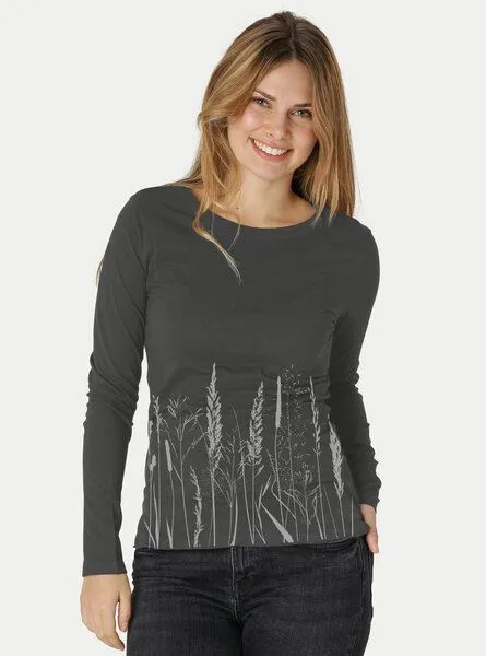 Peaces.bio - handbedruckte Biomode Peaces.bio - handbedruckte Biomode Bio-Damen-Langarmshirt Gräservielfalt, Graphitgrau, – Produktbild 1 von 2