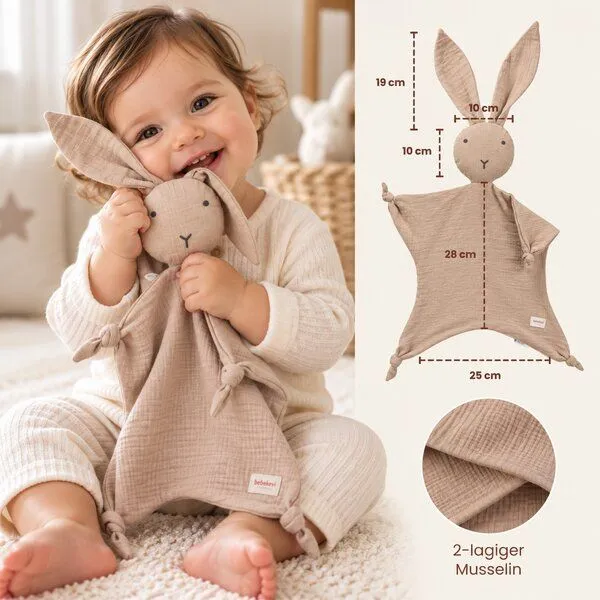 Bebekevi Bebekevi Schmusetuch Hase aus Musselin| 2-lagig | Kuschel- & Schlafbegleiter, Beige, – Produktbild 2 von 3
