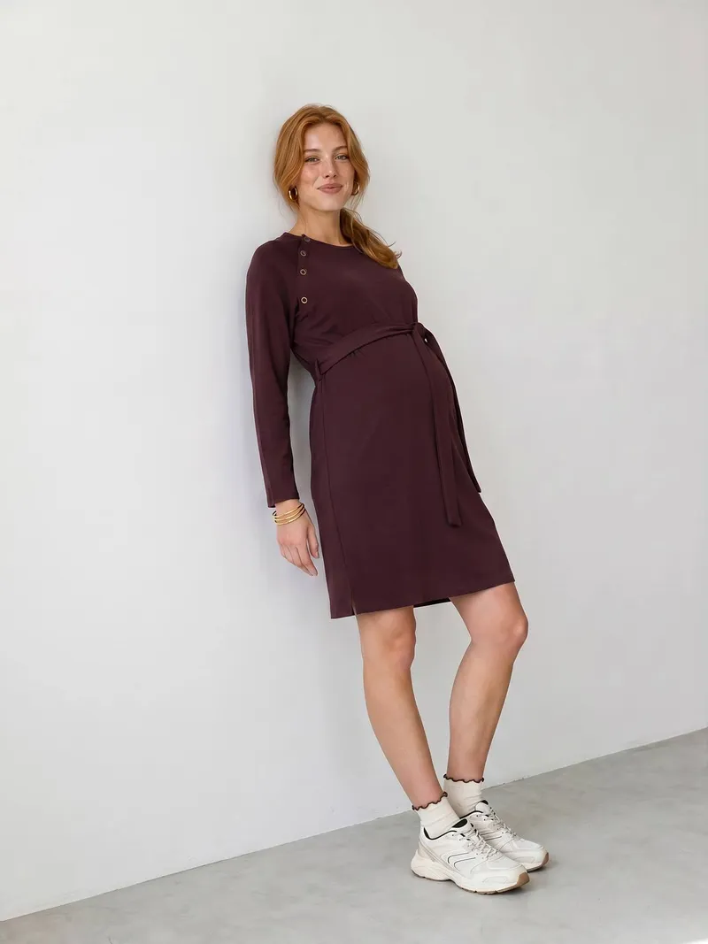 Vertbaudet Vertbaudet Sweatkleid mit verdeckten Stillöffnungen für Schwangerschaft & Stillzeit, Braun, – Produktbild 2 von 4